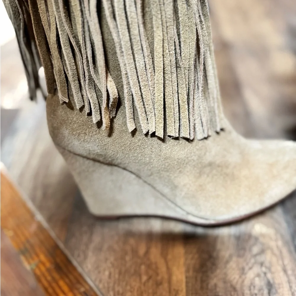 Encore Genuine Suede Fringe‎ Wedge Boots | Statement Boho Western | NWOB | 7